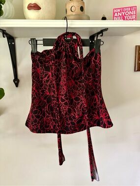 JM Collection Black Halter Camisole with Red Floral Outline